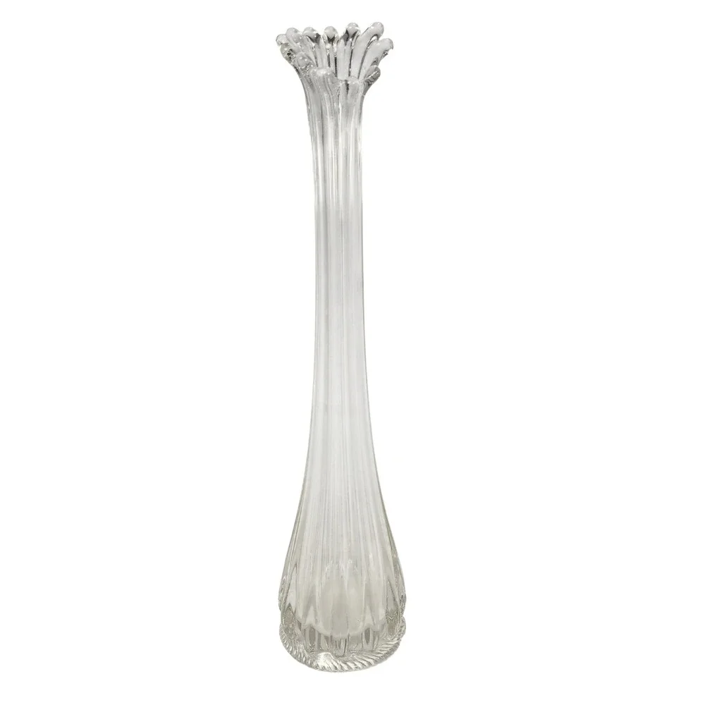 Vintage Clear Swung Glass Bud Vase 15 Inch Ruffled Finger Rim Ribbed Base
